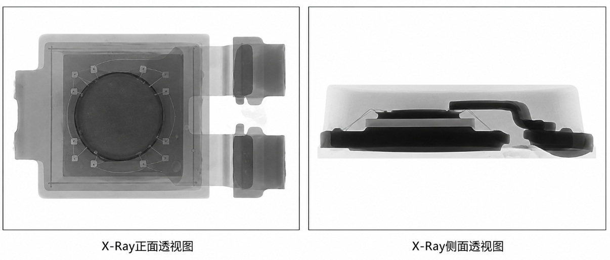 芯片智博足球官网入口1919网址，X-Ray正面透视图，清晰展示晶粒居中位置与键合线完整形态；X-Ray侧面透视图，展示引脚与框架的三维结构关系